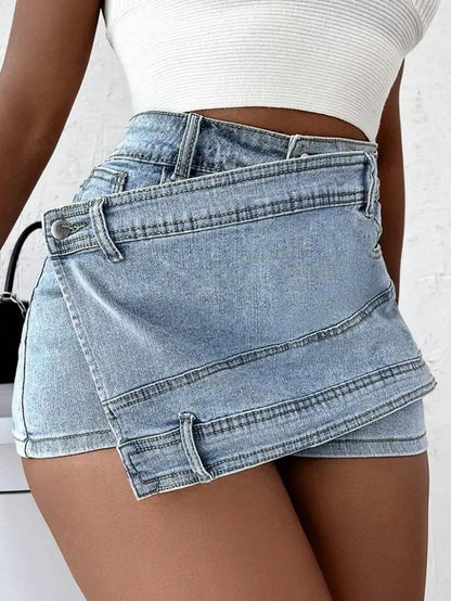 Irregular Style Wrap Denim Mini Shorts