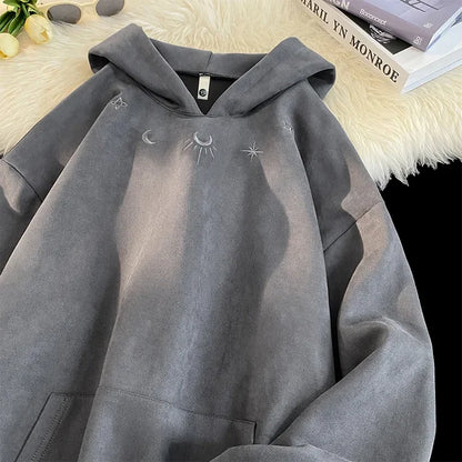 Men's Gothic Star Suede Hoodie – Oversized Gray Sweatshirt, Chic Embroidery Hip Hop Winter Pullover