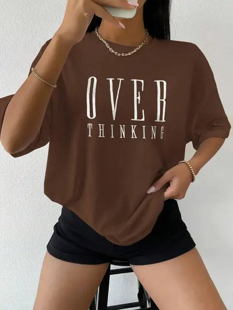 OVER THINKING Letter Print O-Neck T-Shirts