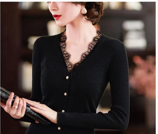 Elegant Lace Line Black Slim Knitted Cardigan For Women