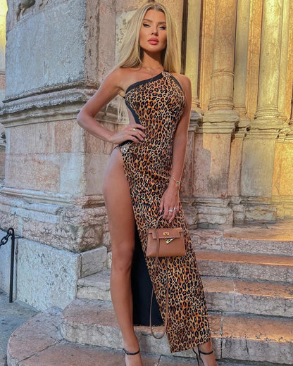 Fierce Leopard Allure: One Shoulder Party Dress