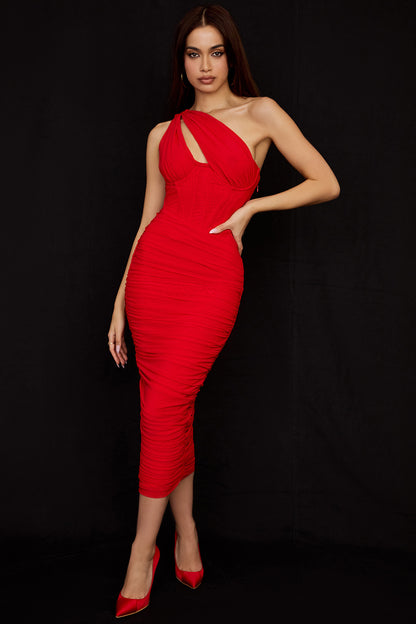 Midnight Mesh Elegance: One-Shoulder Midi Dress