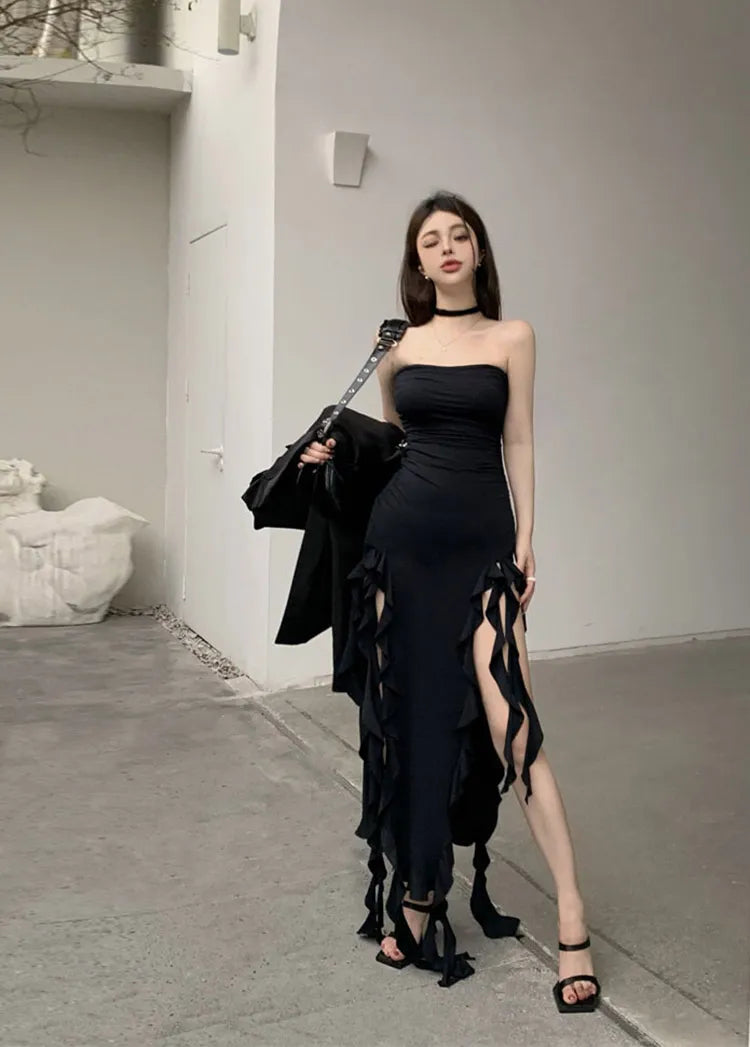 Strapless Midi Dress Elegant Ruffles, Slim Fit, Off-Shoulder Style