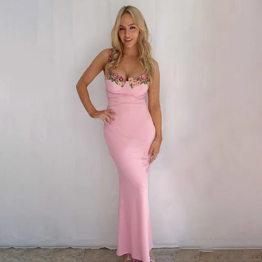 Pink Life Floral Line Strap Backless Sleeveless Maxi Long Dresses