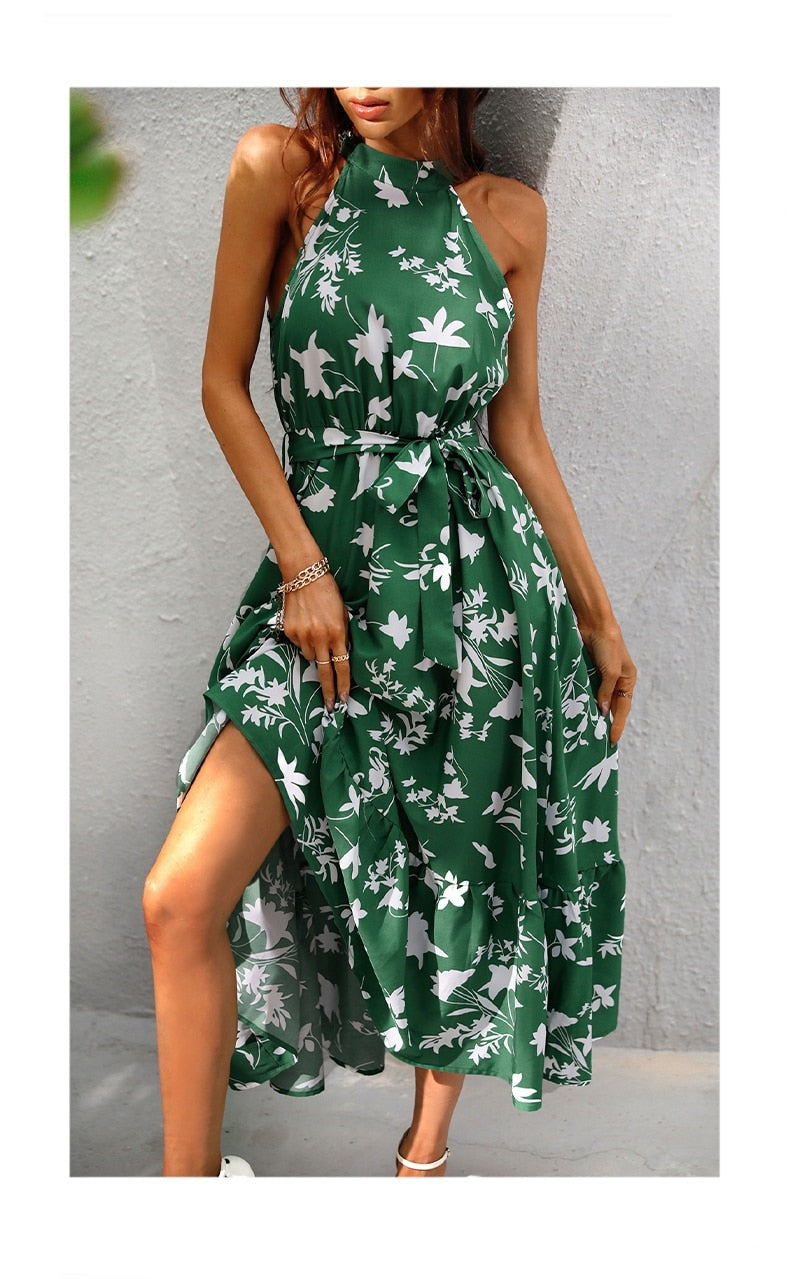 Green Oasis: Casual Floral A-Line Dress