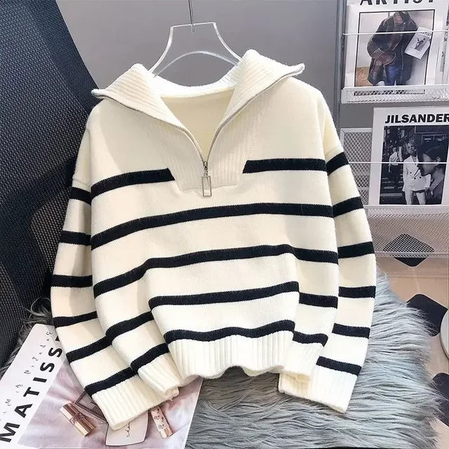 Cool Striped Design Half Zipper Collar Casual Sweater