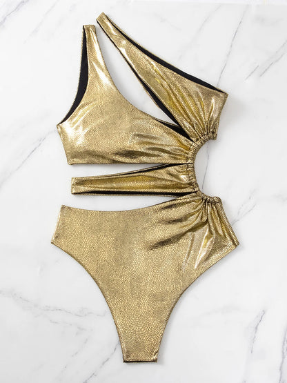 Gold Color Hollow Out One Shoulder Bikini For Women