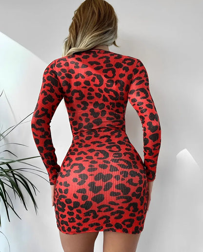 Leopard Design V-Neck Long Sleeve Mini Tight Dress