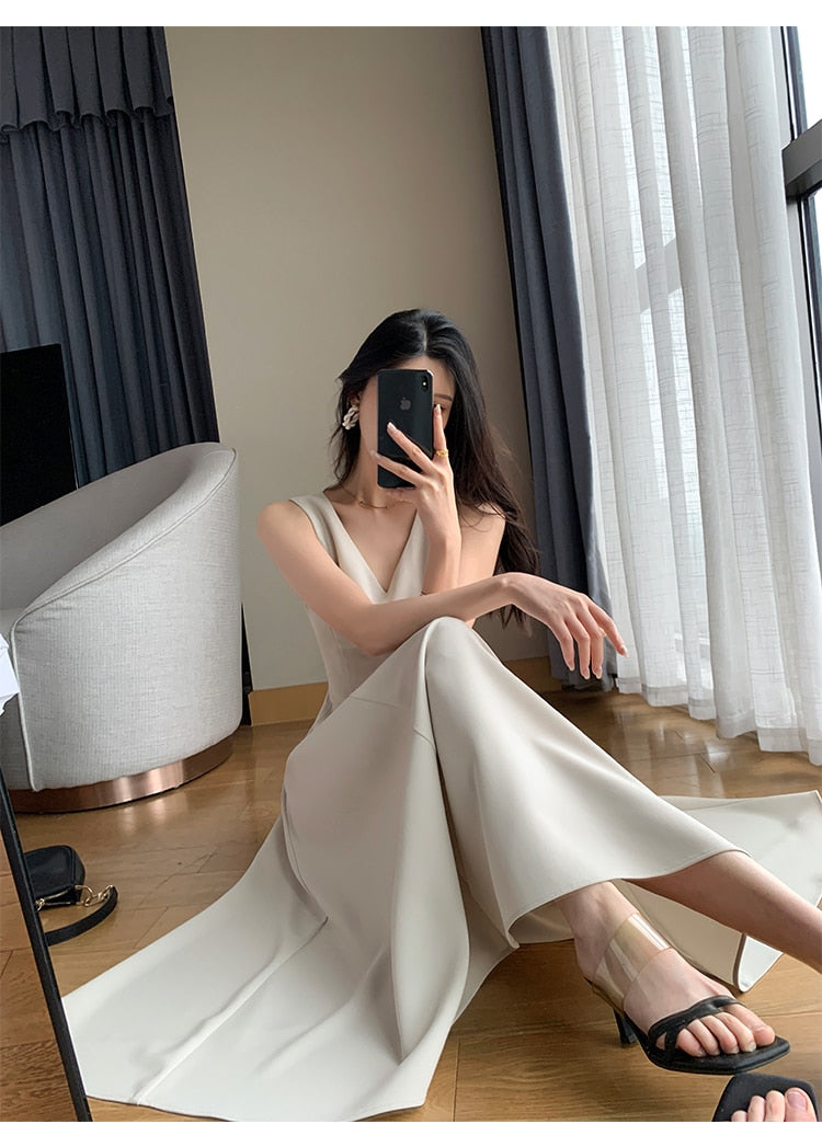Korean Women Summer Style Sleeveless A-Line Long Dress