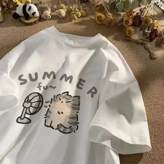 Summer Blow Fan Cat Graphic Cotton T-Shirt