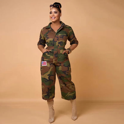 Mini USA Flag Embroidered Wide Short Leg Camouflage Jumpsuit