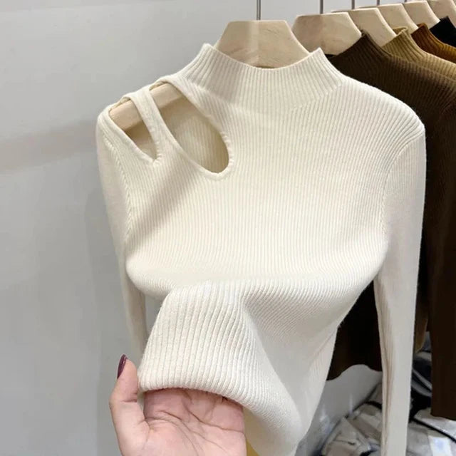 Casual Hollow Out Shoulder Turtleneck Sweaters