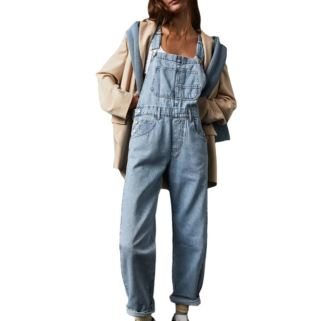 Retro Style Spaghetti Strap Straight Denim Jumpsuits