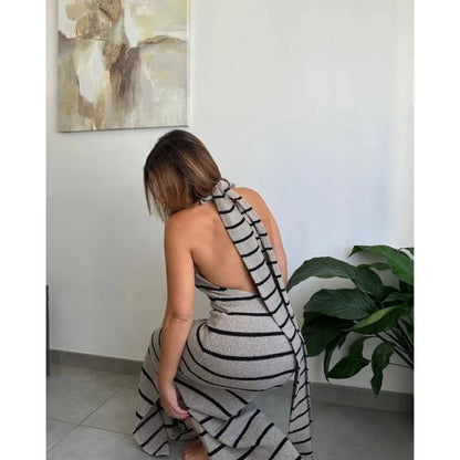 Split Striped Backless Knitwear Maxi Dress For Women