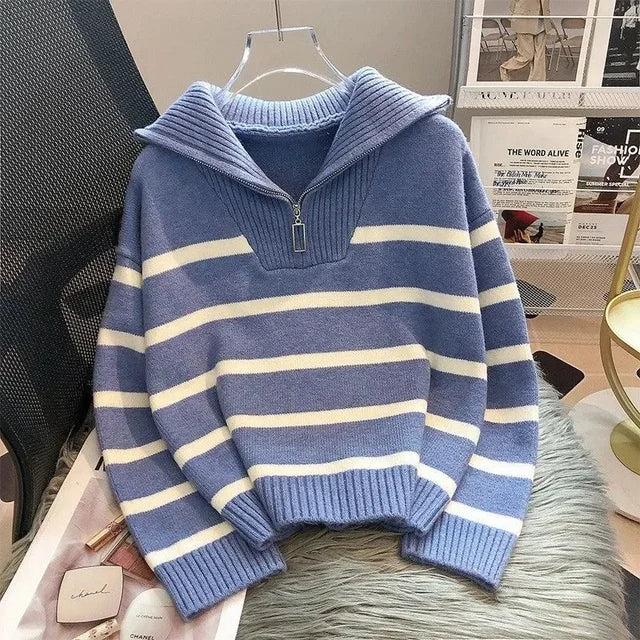 Cool Striped Design Half Zipper Collar Casual Sweater