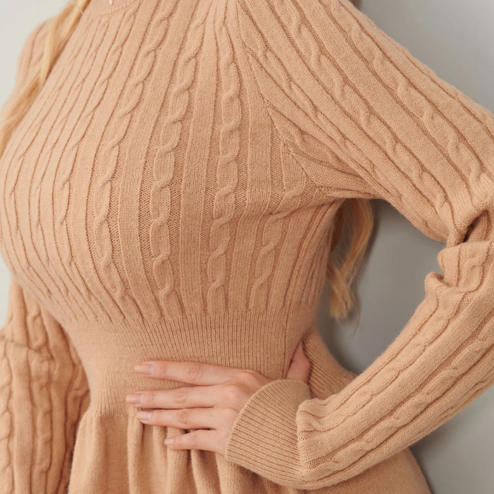 2024 Autumn/Winter Rib Knit Sweater Dress: Elegant Patchwork, Turtleneck, Casual Style