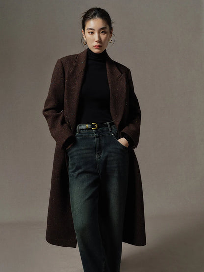 Brown Color Double Breasted Long Wool Coat For Women
