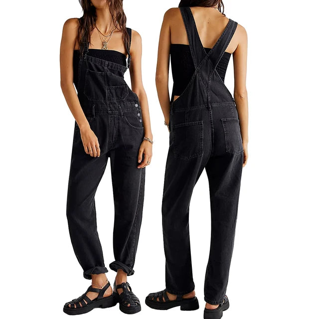 Retro Style Spaghetti Strap Straight Denim Jumpsuits