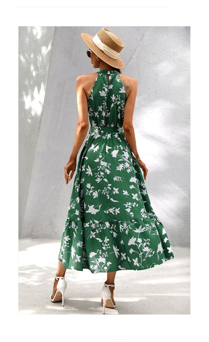 Green Oasis: Casual Floral A-Line Dress