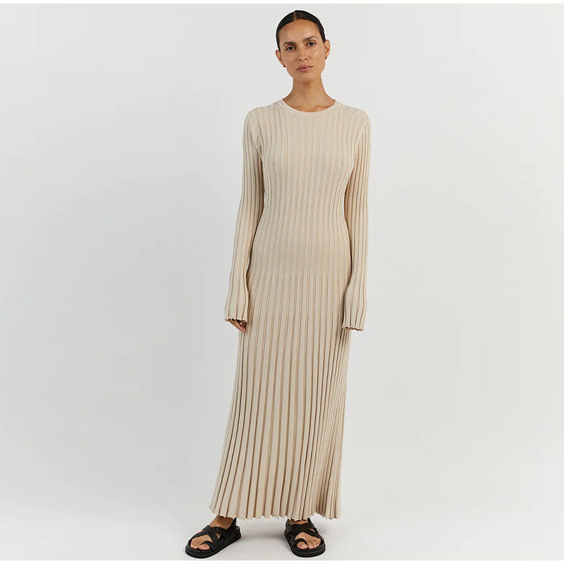 Solid Ribbed Long Sleeve Dress