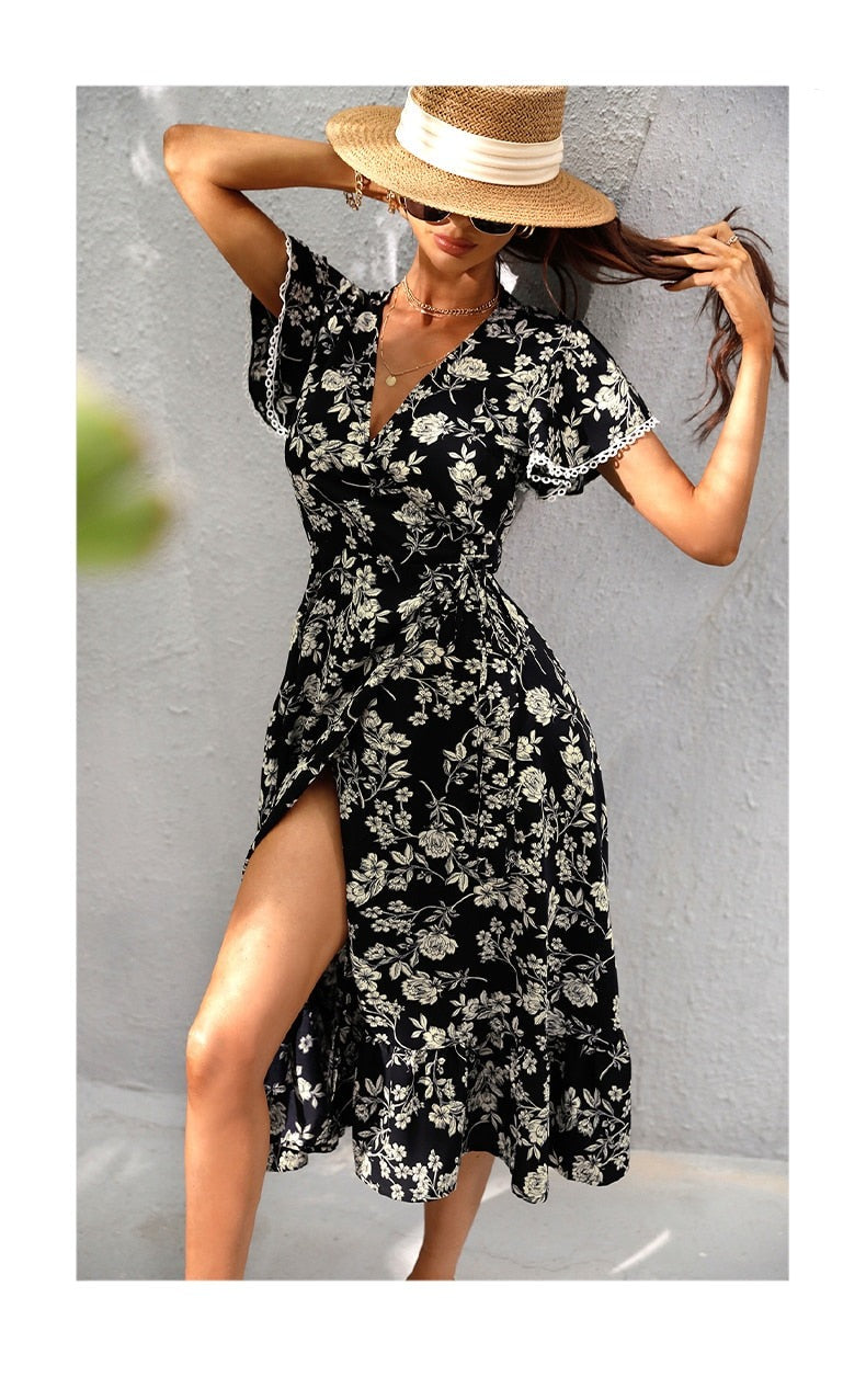 Midi Elegance: Summer Floral V-Neck Dress