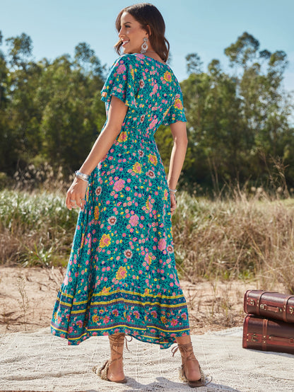 Elegant Vacation Escape: V-Neck Floral Maxi Dress