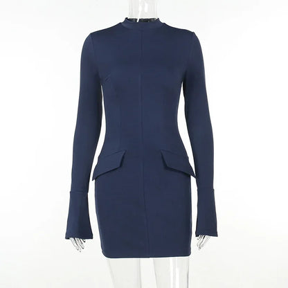 Autumn Mini Dress: Elegant Dark Blue with Long Sleeves, Perfect for Commuting