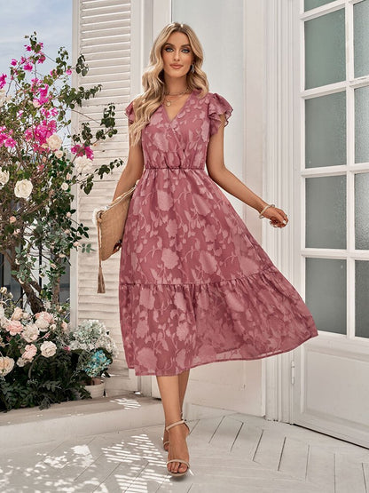 Floral Ruffle Maxi Dress with V-Neckline for Women