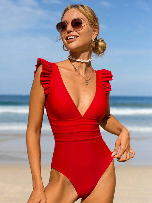 Sexy Deep V-Neck Ruffle Strap Bikini For Women