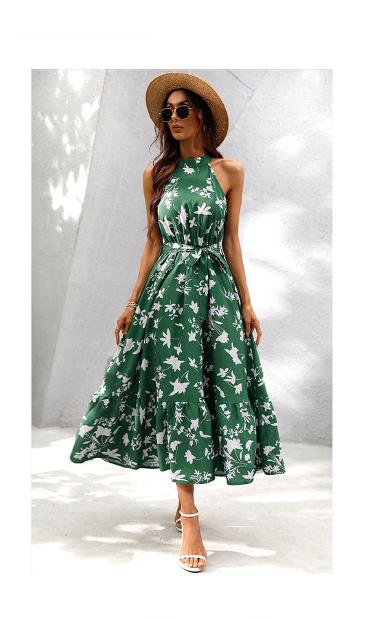 Green Oasis Casual Floral A-Line Dress
