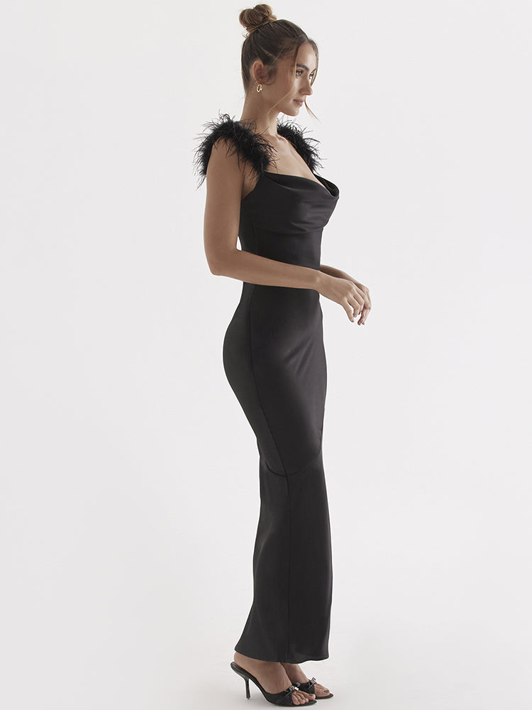 Feathers and Satin: Double Layered Black Dress