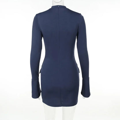 Autumn Mini Dress: Elegant Dark Blue with Long Sleeves, Perfect for Commuting