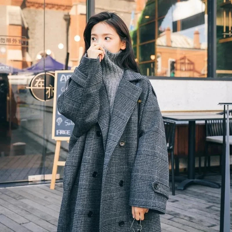 Loose Style Plaid Wool Warm Overcoat For Women