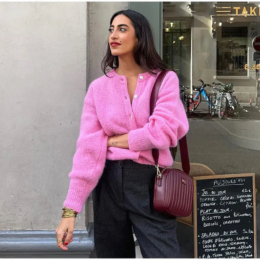 Single Breasted Knit Pink Cardigan Sweater For Women