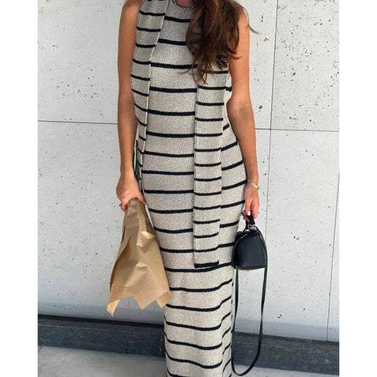 Split Striped Backless Knitwear Maxi Dress For Women