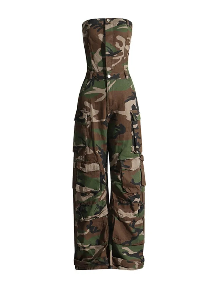 Strapless Sleeveless Camouflage Jumpsuits For Women