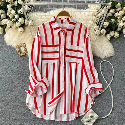 Medium Length Vertical Stripe Woman Blouse Shirt