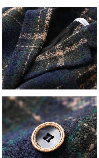 Retro British Style Wool Blend Mid Length Casual Plaid Jacket