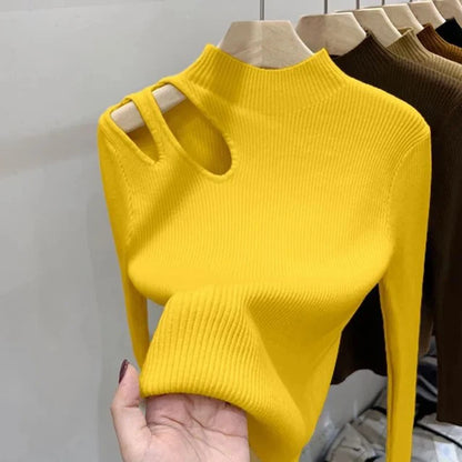 Casual Hollow Out Shoulder Turtleneck Sweaters