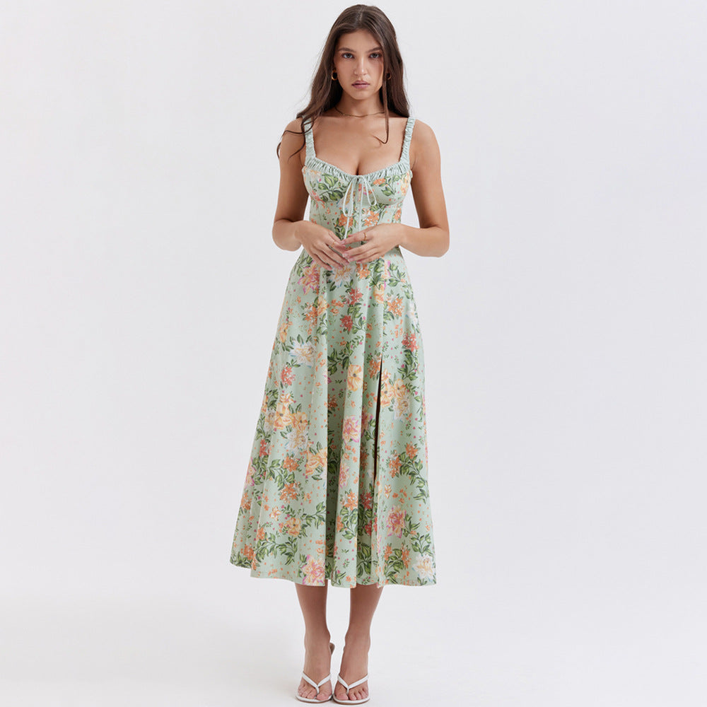 Green Floral Print Slit Midi Dress with Padded Cups