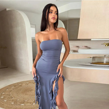 Strapless Midi Dress Elegant Ruffles, Slim Fit, Off-Shoulder Style