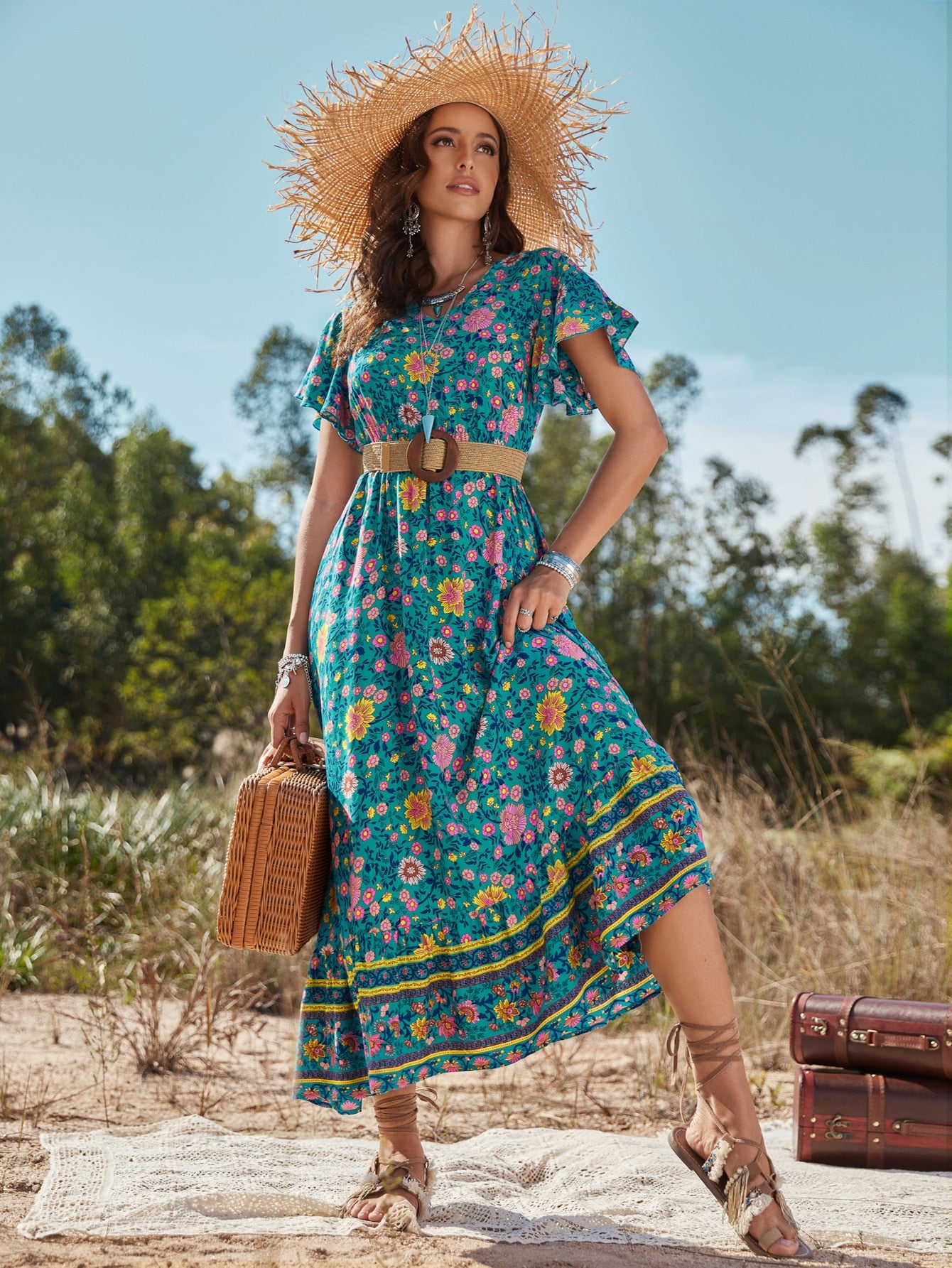 Elegant Vacation Escape: V-Neck Floral Maxi Dress