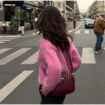 Single Breasted Knit Pink Cardigan Sweater For Women