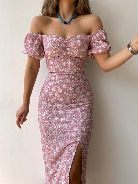 Sexy Floral Print Short Sleeve Elegant Off Shoulder Backless Dress