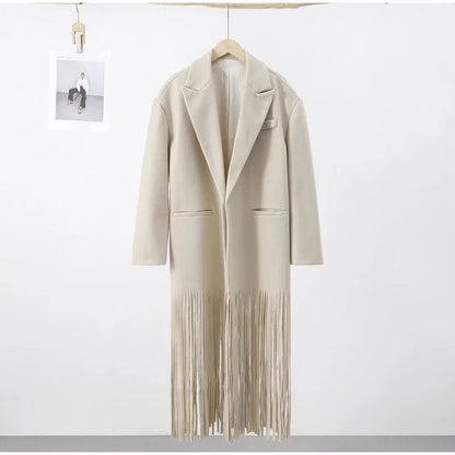 Women's Medium-Length Fringed Wool Trench Coat