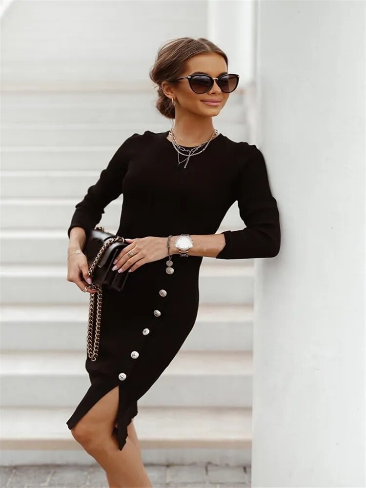 Long Sleeve Button Slit Elegant Party Dresses For Women