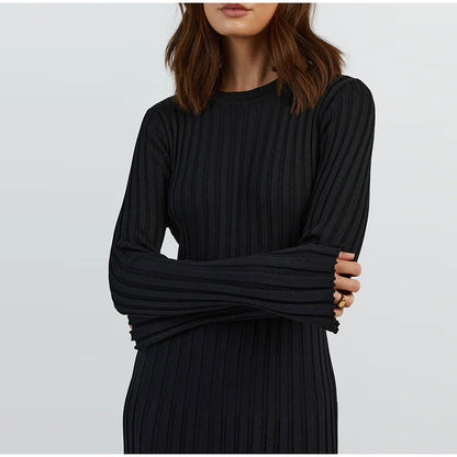 Solid Ribbed Long Sleeve Dress