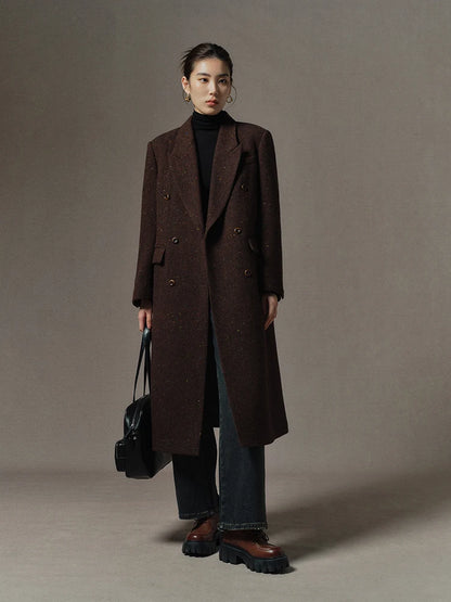 Brown Color Double Breasted Long Wool Coat For Women