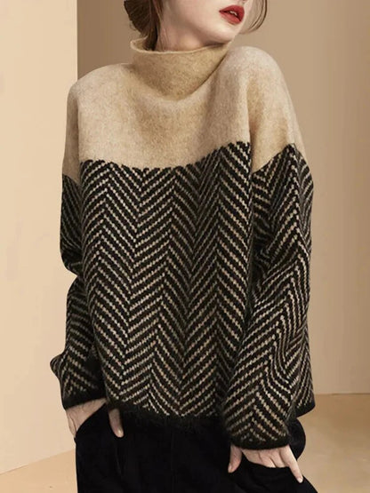 Black Striped High Collar Warm Sweaters