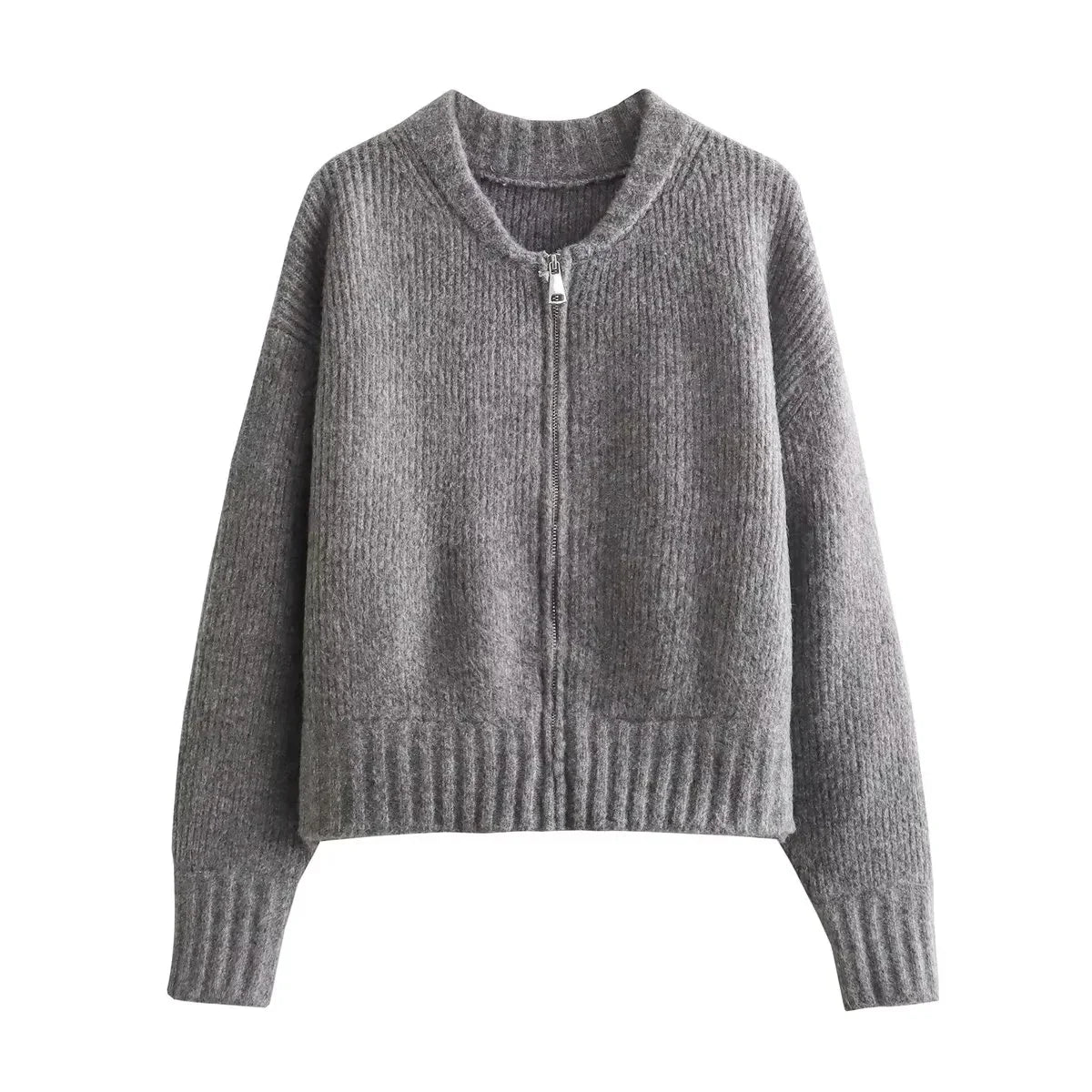 Elegant Grey Knit Bomber Jacket